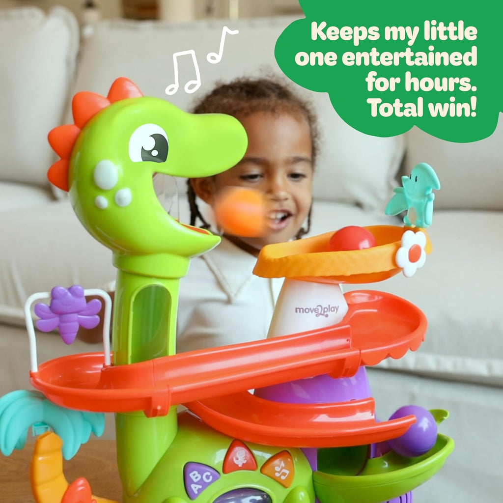 Air-powered dinosaur ball popper with green dino head and orange top track, with child