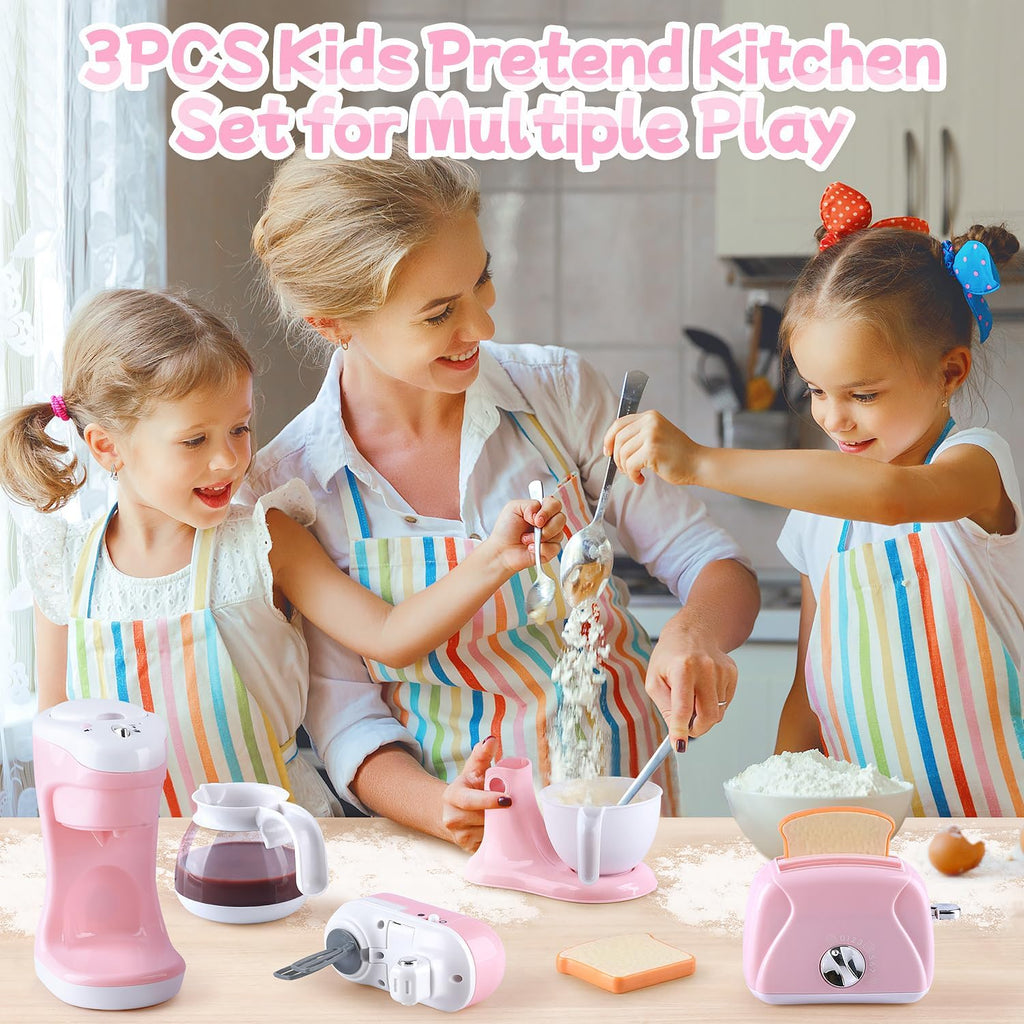 Kids pretend kitchen set with pink toaster, mixer, and coffee maker for roleplay