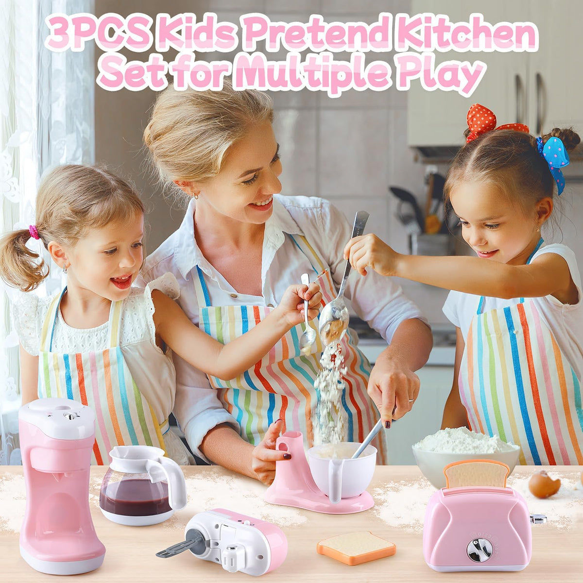 Kids pretend kitchen set with pink toaster, mixer, and coffee maker for roleplay