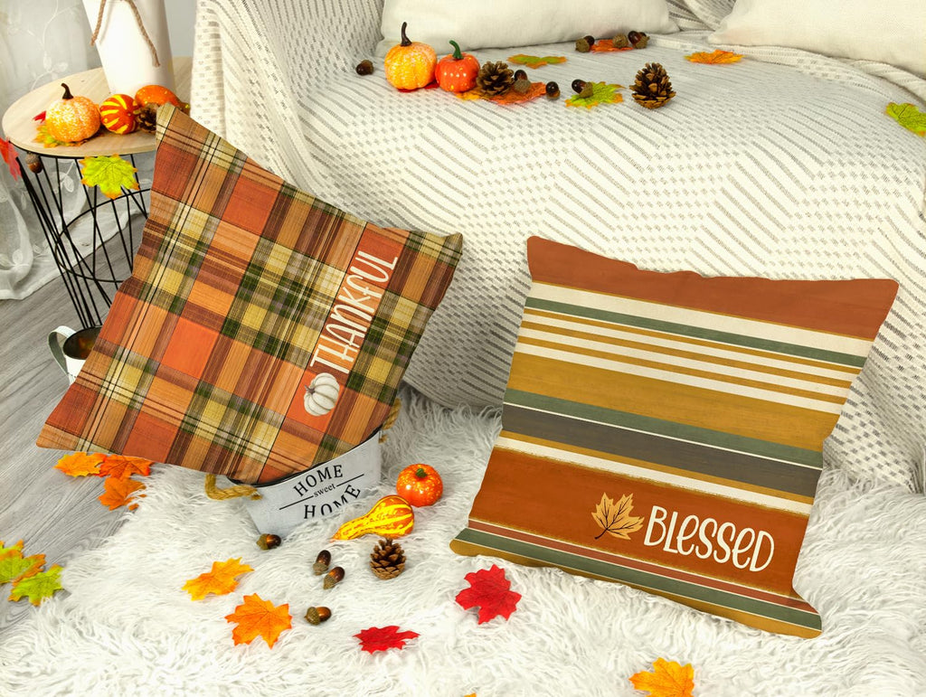 Fall pillow covers with orange plaid and blessed striped designs