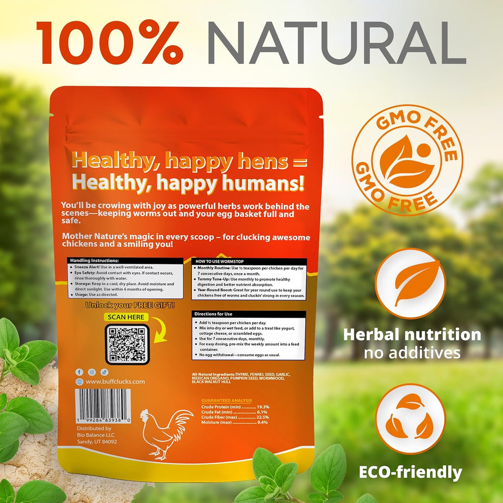 WormStop natural dewormer pouch back panel with 100% natural herbal nutrition seal