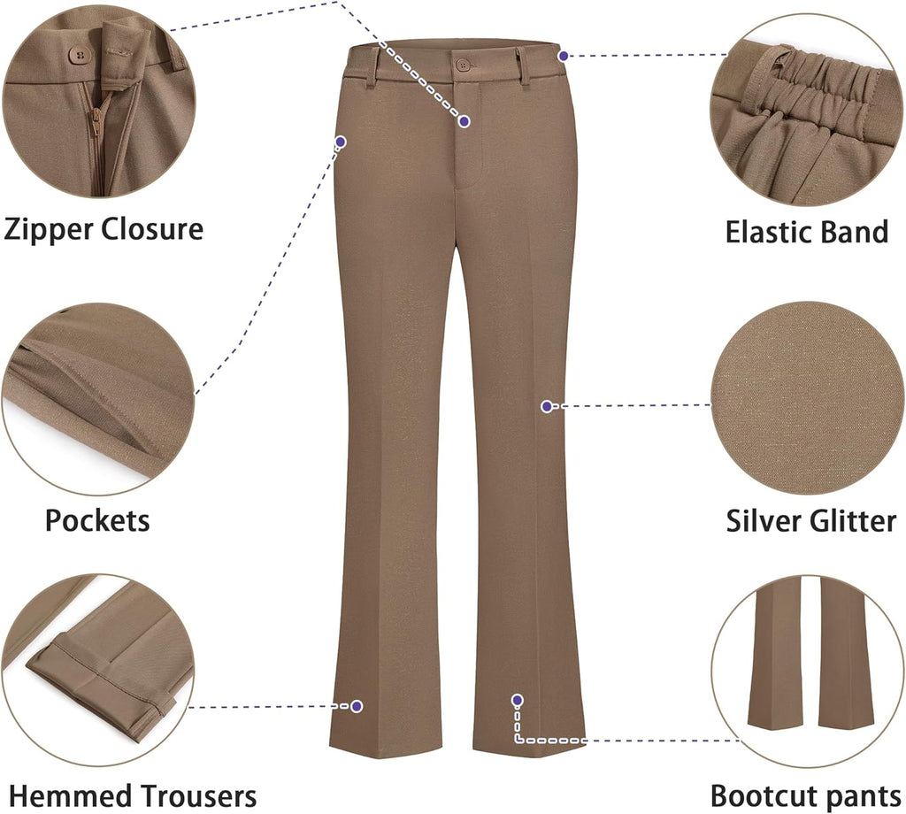 Khaki two-piece suit with zipper closure, elastic waistband, and bootcut hemmed trousers.