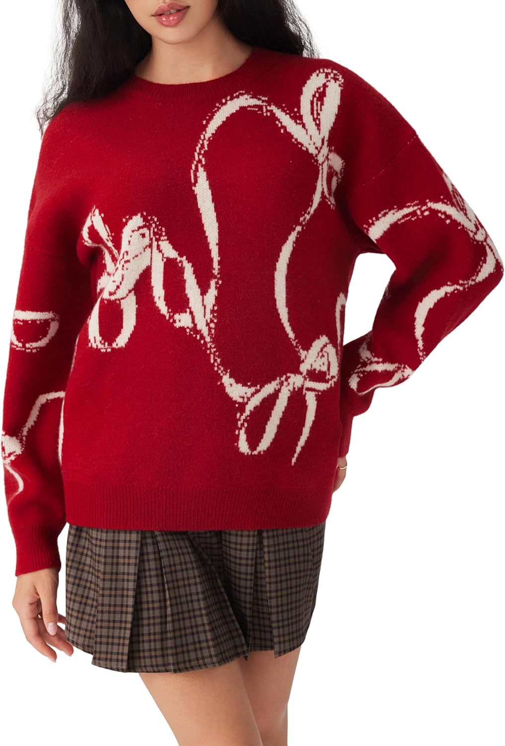 Red crewneck sweater with long sleeves and large white bow cat graphic panel
