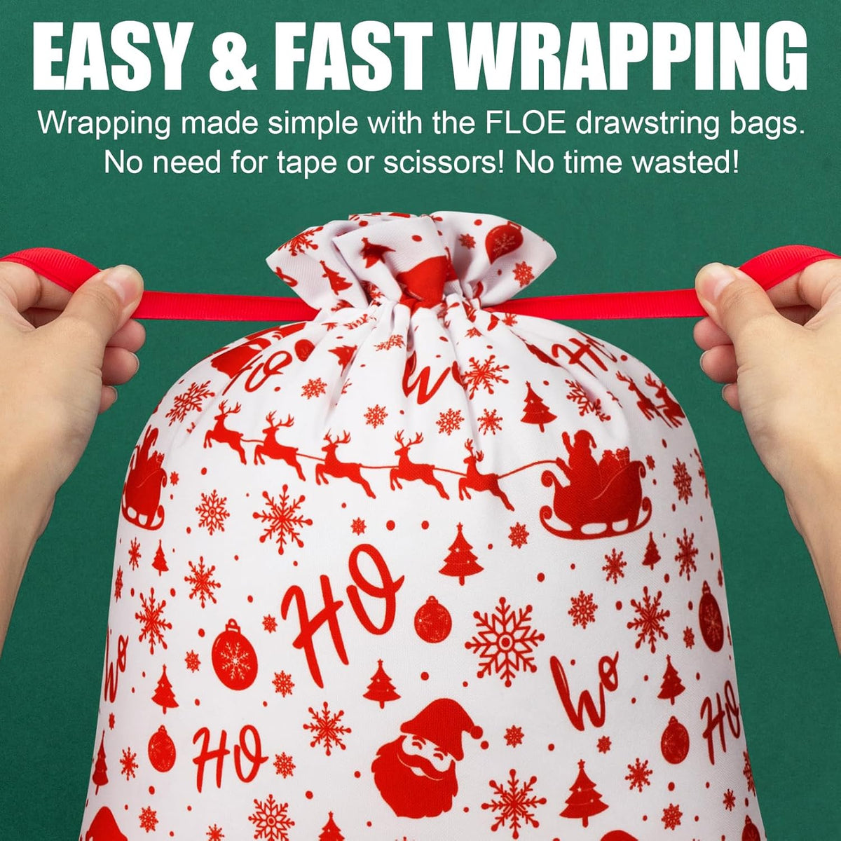 Red and white Christmas drawstring fabric gift bag with Ho Ho and snowflake prints