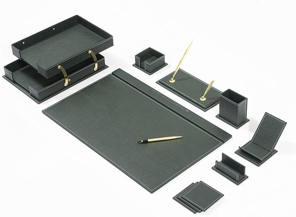 MOOG desk organizer set in dark green with long blotter, pen holder, and stackable trays
