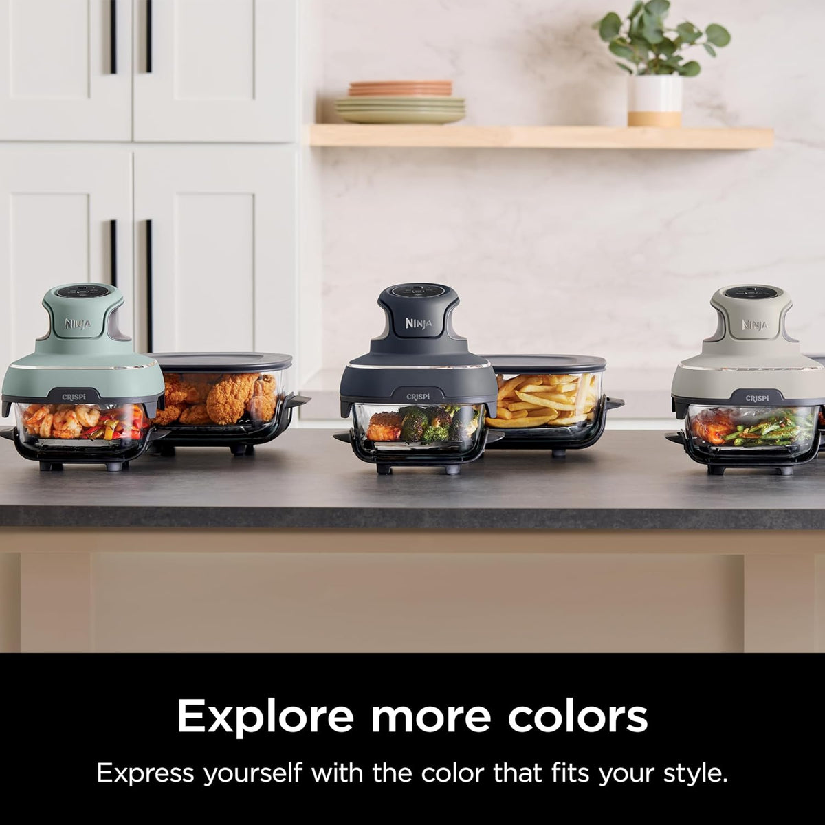 Set of three portable air fryers with clear glass containers on a kitchen counter