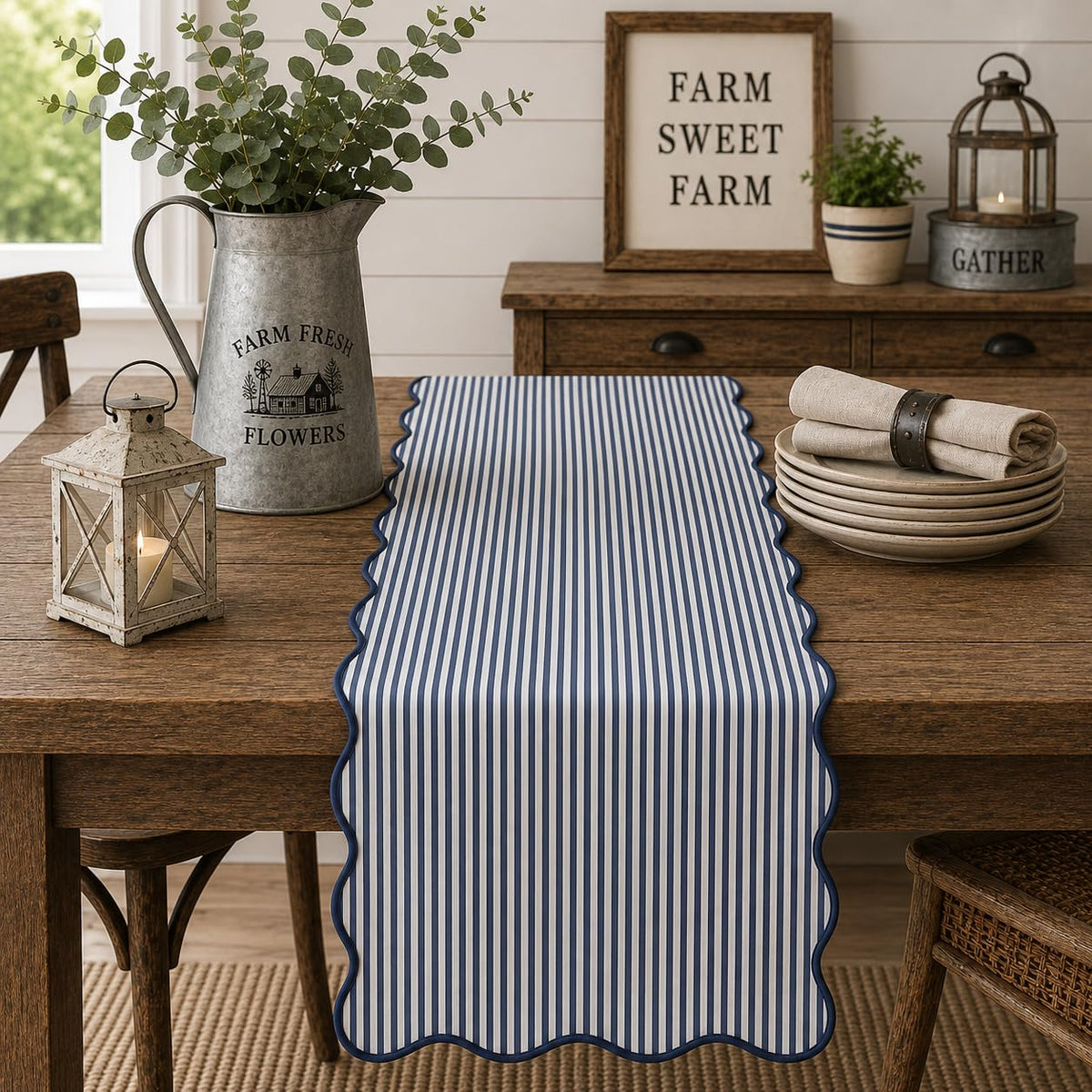Navy and white striped scalloped table runner, lined farmhouse style