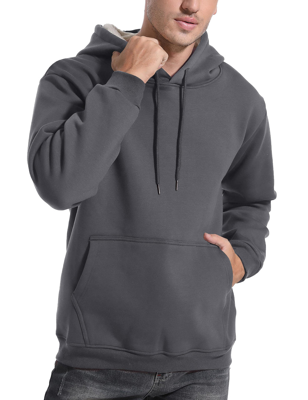 Men's fleece sherpa-lined hoodie, pullover hood with drawstrings, kangaroo pocket, charcoal gray.