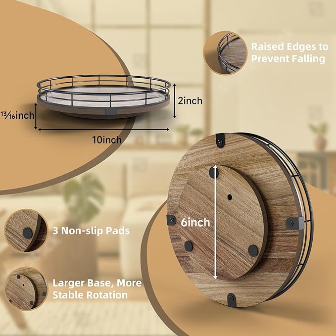 Acacia wood lazy susan turntable with black metal outer frame and non-slip base