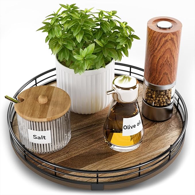 Acacia wood lazy susan turntable organizer with black metal rim, holding condiments and decor