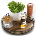 Acacia wood lazy susan turntable organizer with black metal rim, holding condiments and decor