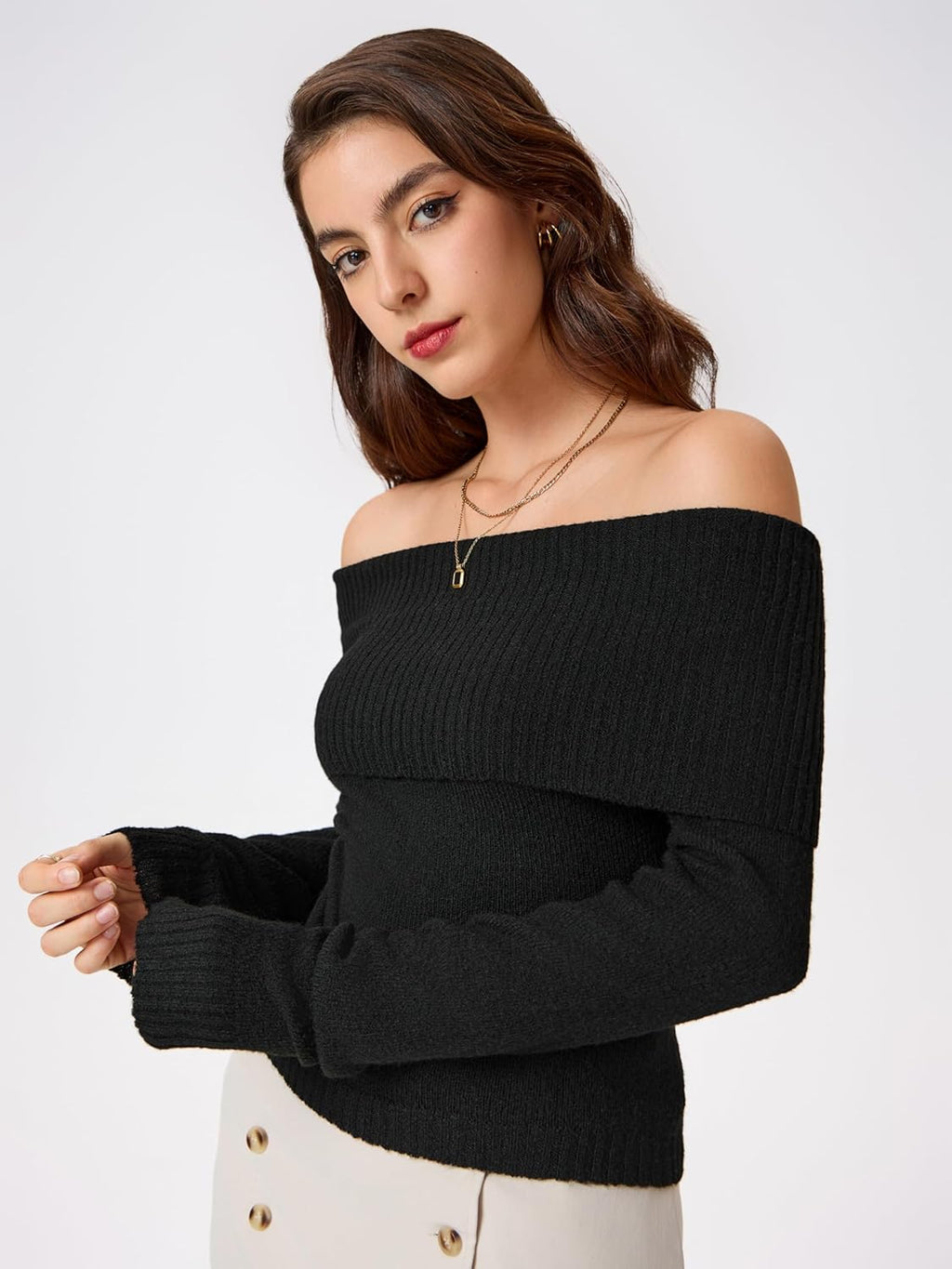 Black off-shoulder ribbed knit sweater top with long sleeves