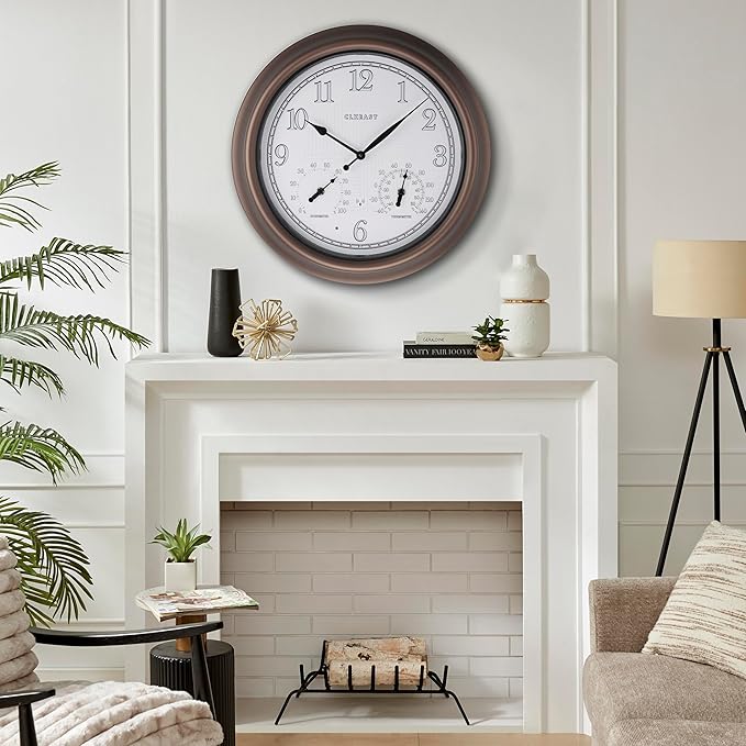 Bronze atomic analog wall clock with white dial and temperature/humidity indicators