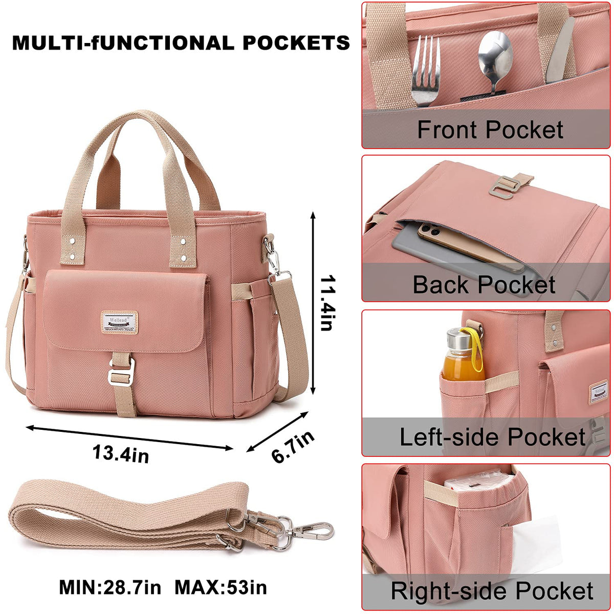 Pink lunch tote with multiple compartments: front flap, back pocket, left and right side pockets