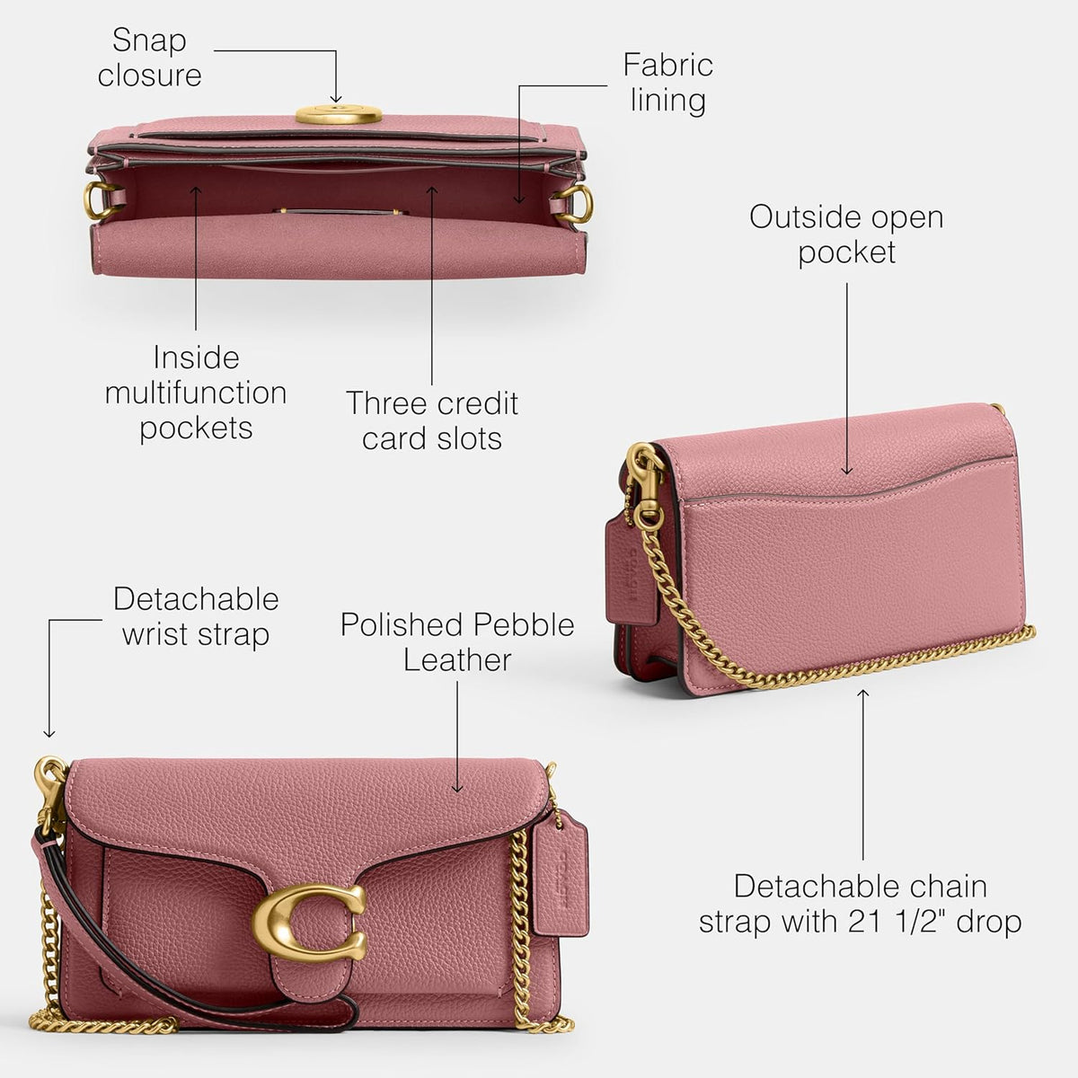 Rose pebbled leather crossbody bag with flap, detachable wrist strap, and chain