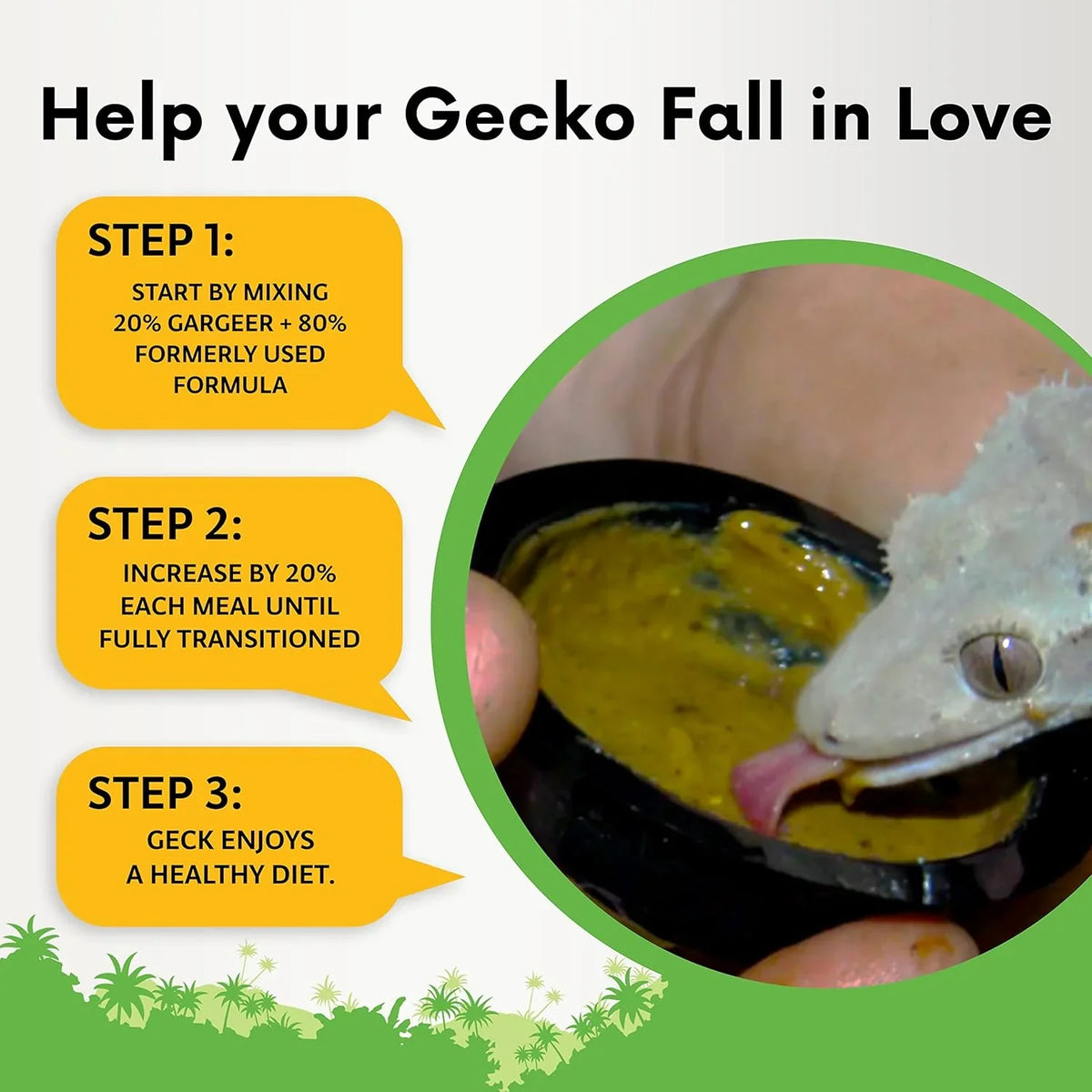 Crested gecko supplement pouch with feeding steps graphic and close-up gecko