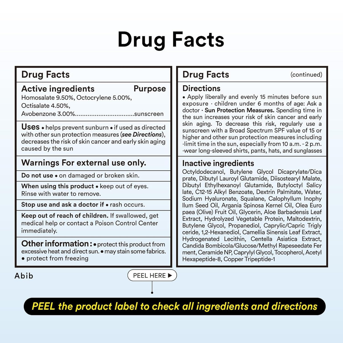 Abib sunstick Drug Facts label with active ingredients and directions