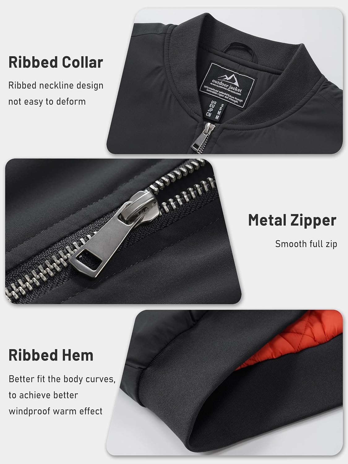Men's black bomber jacket detail: ribbed collar, metal zipper, ribbed hem