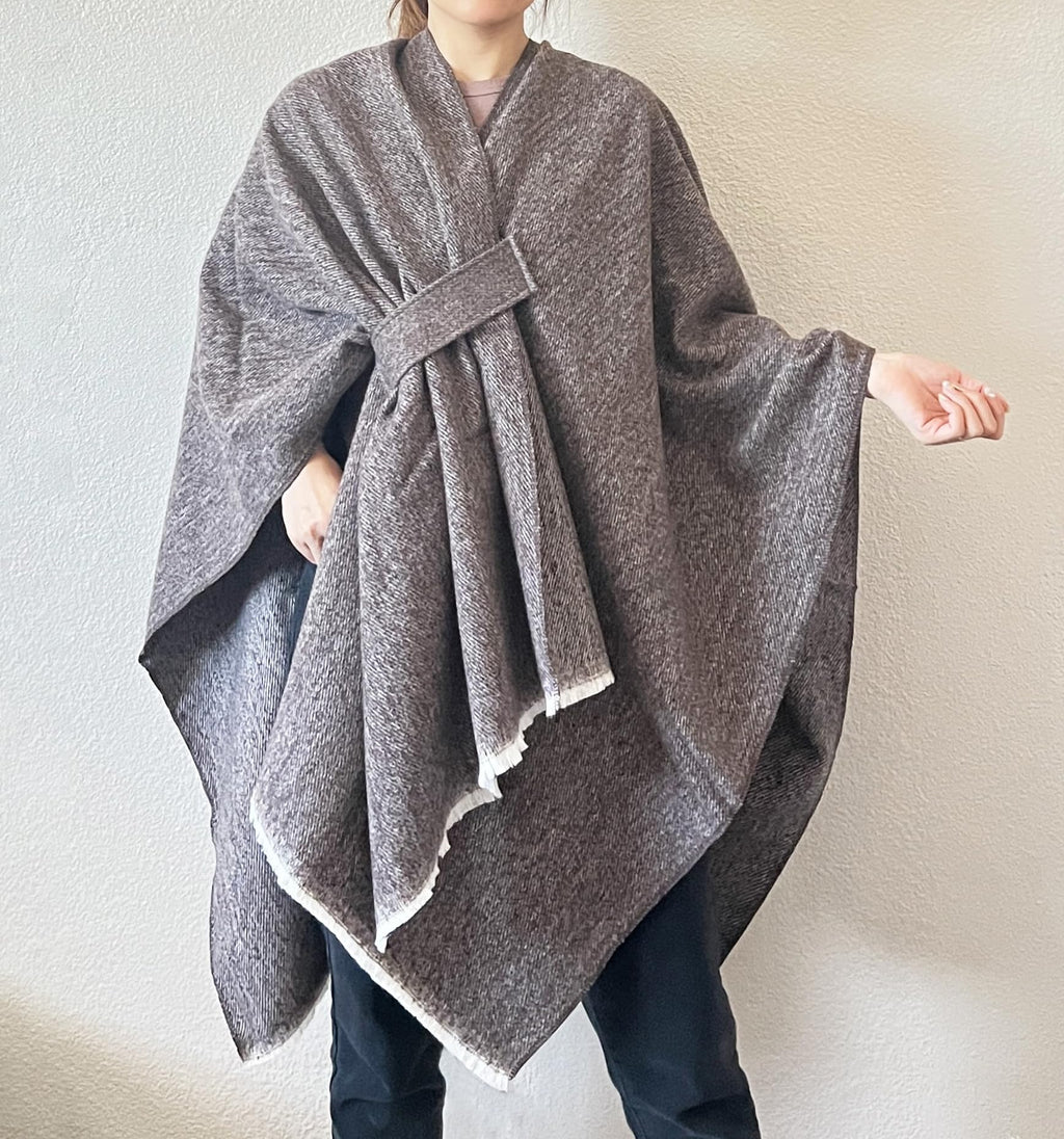 Heather gray open-front fringe poncho shawl with tied waist knot