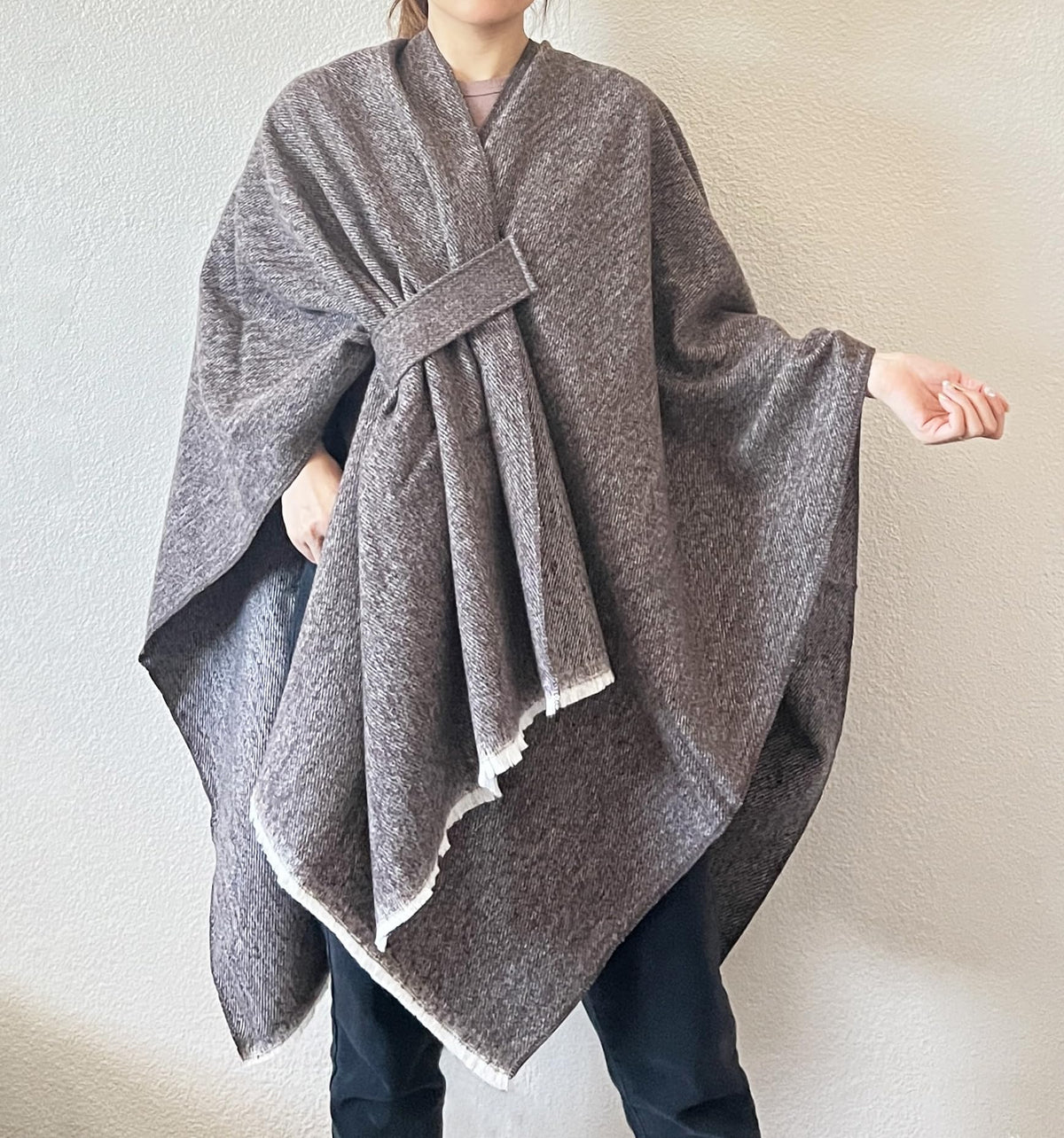 Heather gray open-front fringe poncho shawl with tied waist knot