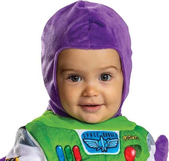 Infant space ranger hooded costume, purple hood and green chest detail
