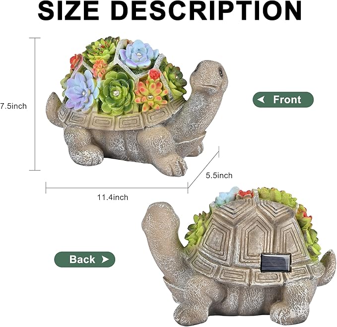 Resin solar turtle statue with floral top and solar panel, front/back view