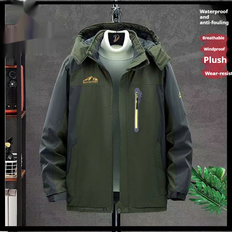 Army green waterproof windproof jacket with hood and center zipper, chest pocket