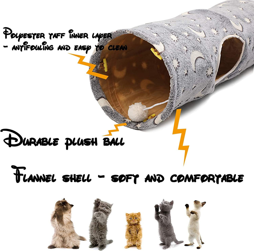 Cat tunnel showing soft gray outer fabric, brown inner lining, and hanging plush ball