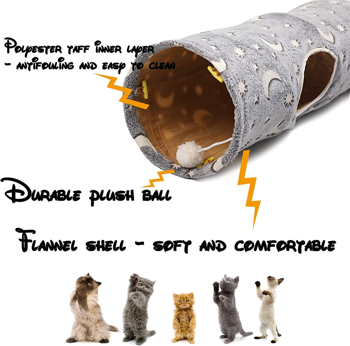 Cat tunnel showing soft gray outer fabric, brown inner lining, and hanging plush ball