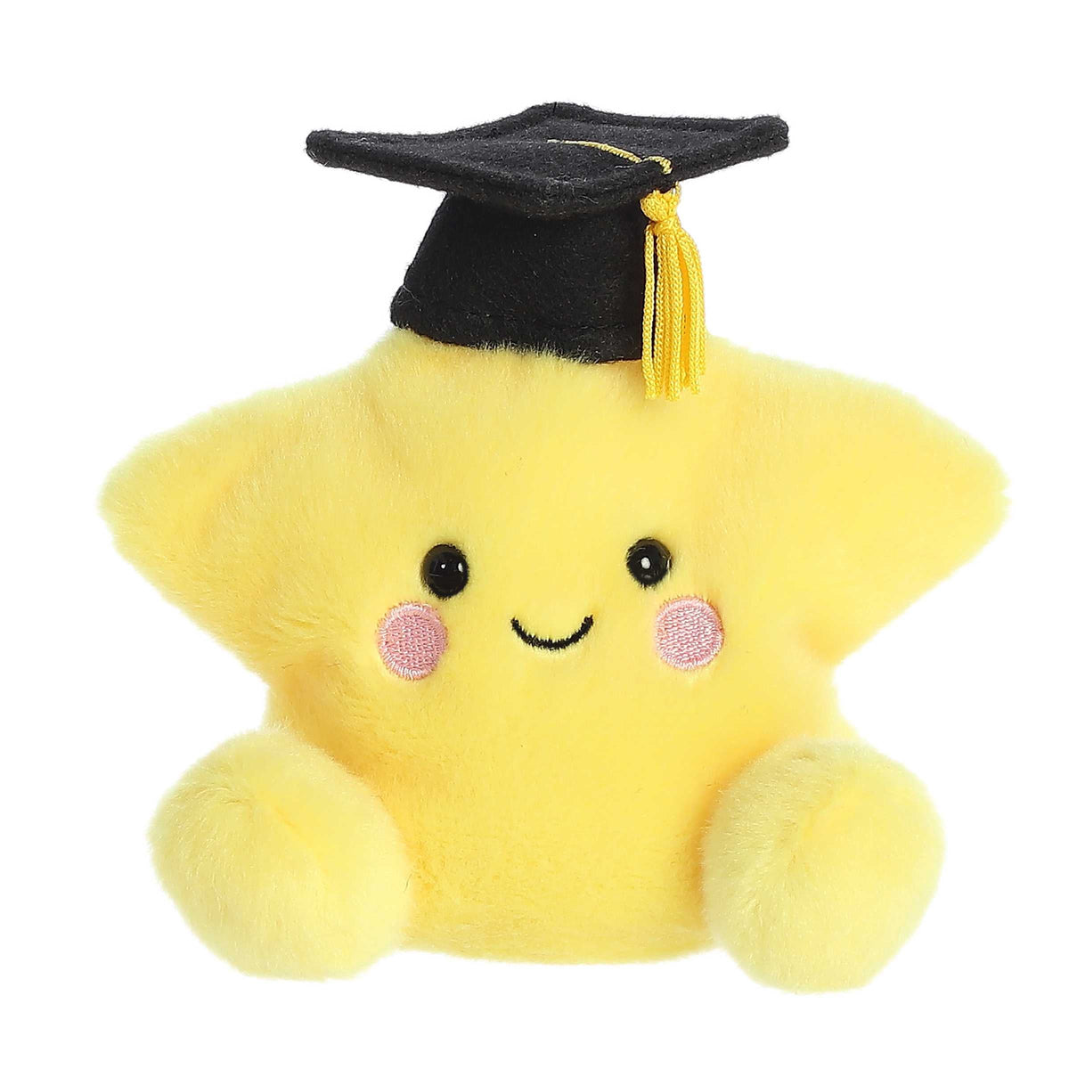 Yellow plush star graduation topper with black cap, gold tassel, smiling face