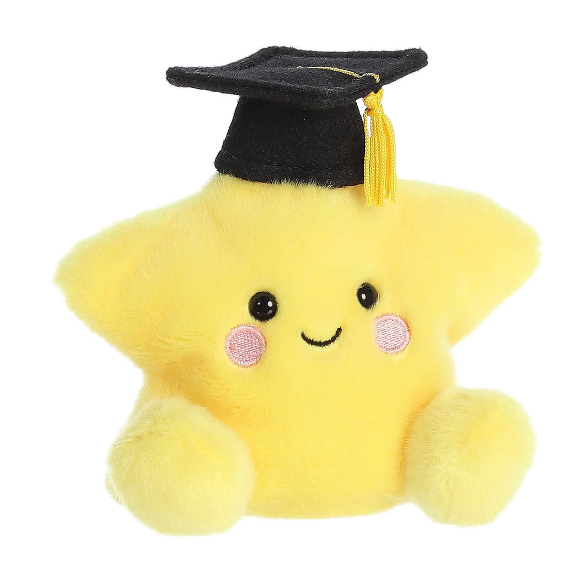 Yellow plush star graduation topper with black mortarboard, gold tassel, pink cheek dots