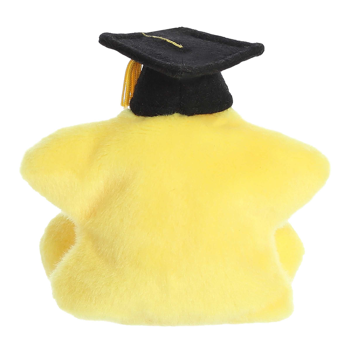 Yellow plush star graduation topper back view with black cap and gold tassel