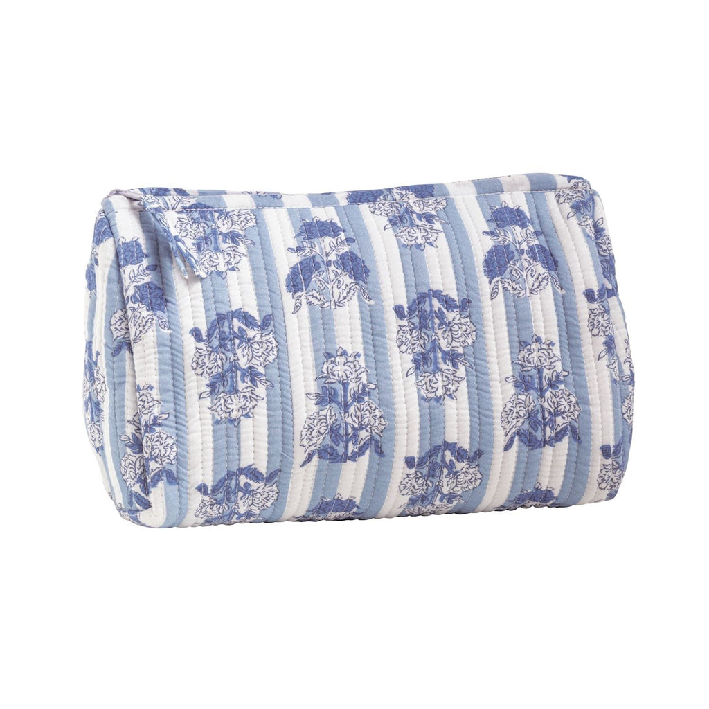Quilted cosmetic zip pouch, light blue vertical stripes with blue floral motifs