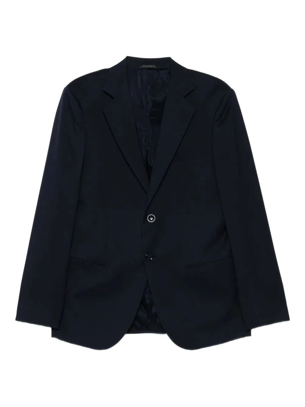 Men's dark navy blazer with notch lapels, one button, flap pockets