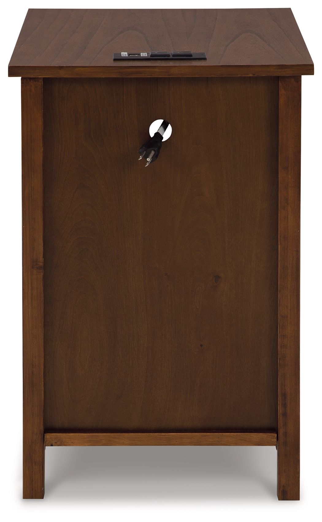 Chair side end table in dark brown wood with keyhole lock opening on front panel