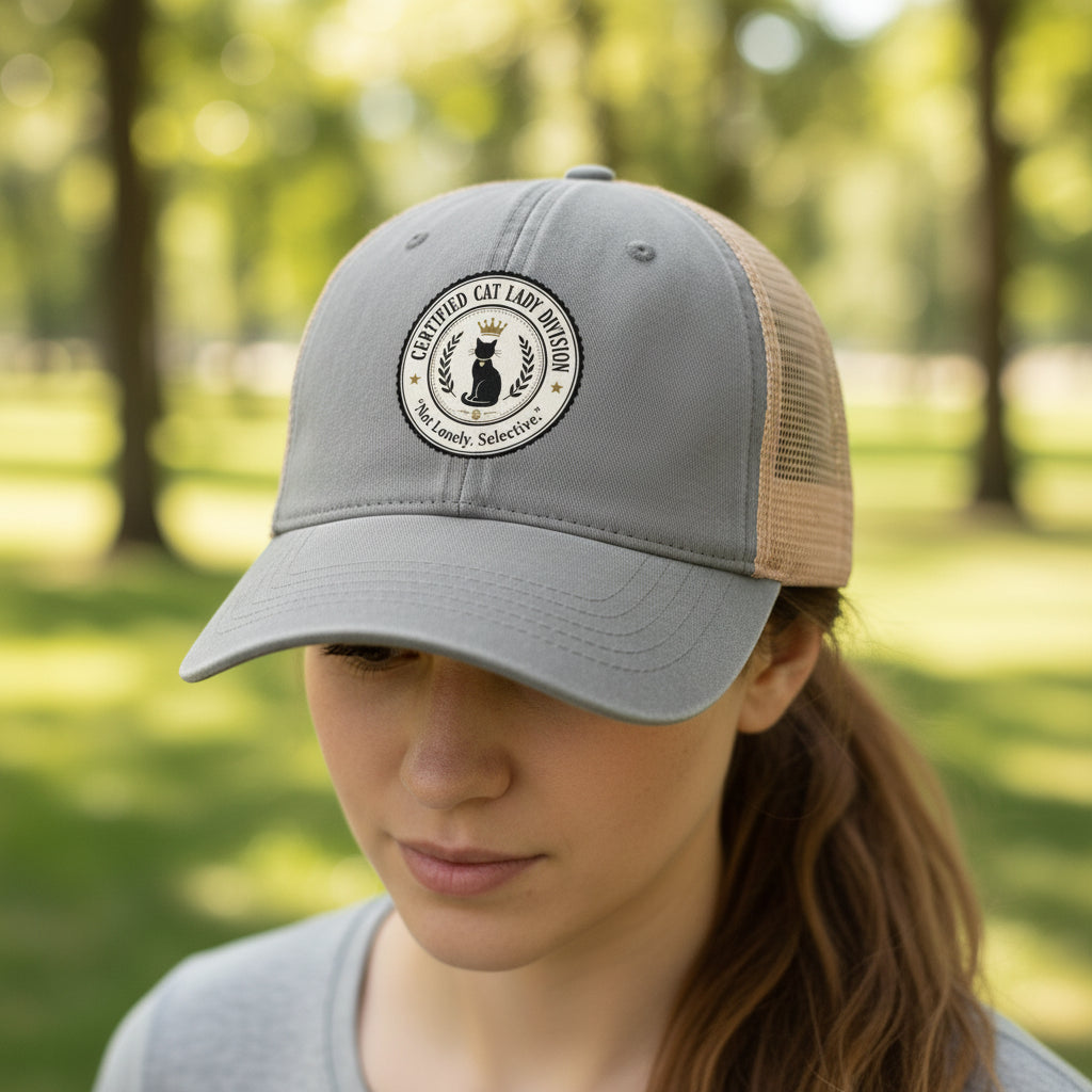 Light grey ponytail cap with mesh back and round logo patch