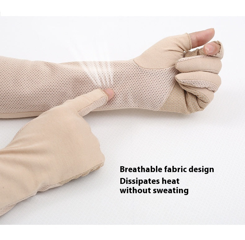 Women’s thin cotton sun protection gloves, beige breathable perforated fabric design