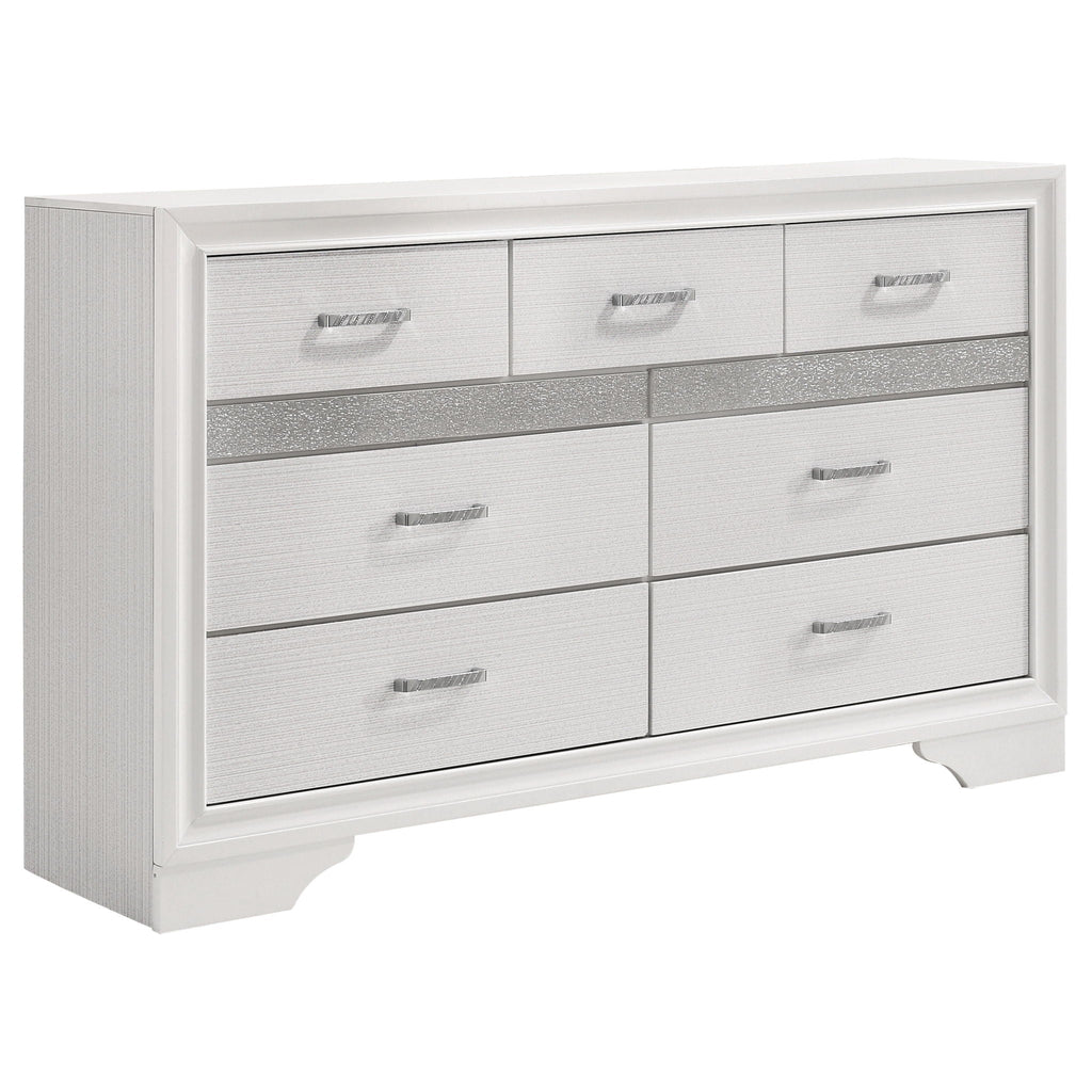 White dresser with nine drawers and silver-tone bar handles