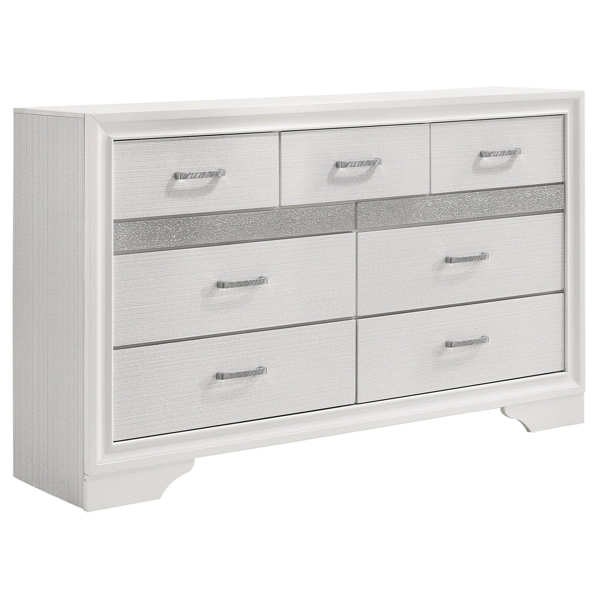 White dresser with nine drawers and silver-tone bar handles