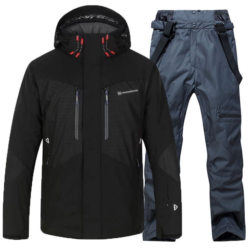 Men's black waterproof insulated ski jacket and blue ski pants set