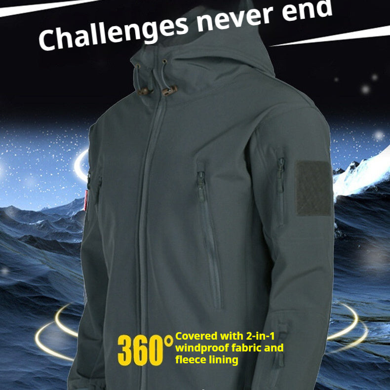 Three-in-one all-weather shell jacket in dark green with zip front and hood