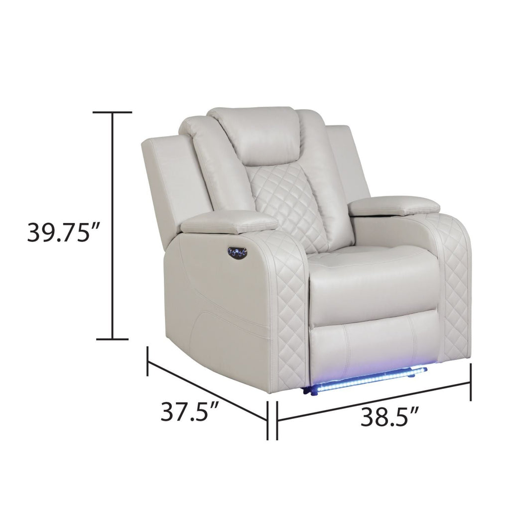 Light beige LED power recliner chair with quilted back panel and glowing blue LED strip