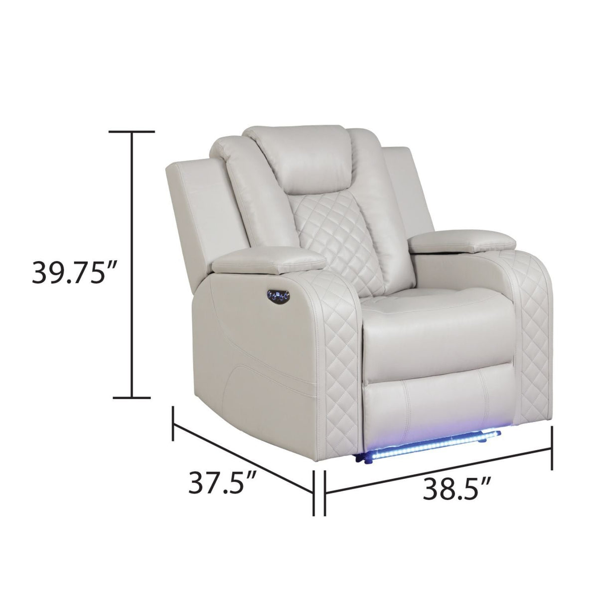 Light beige LED power recliner chair with quilted back panel and glowing blue LED strip