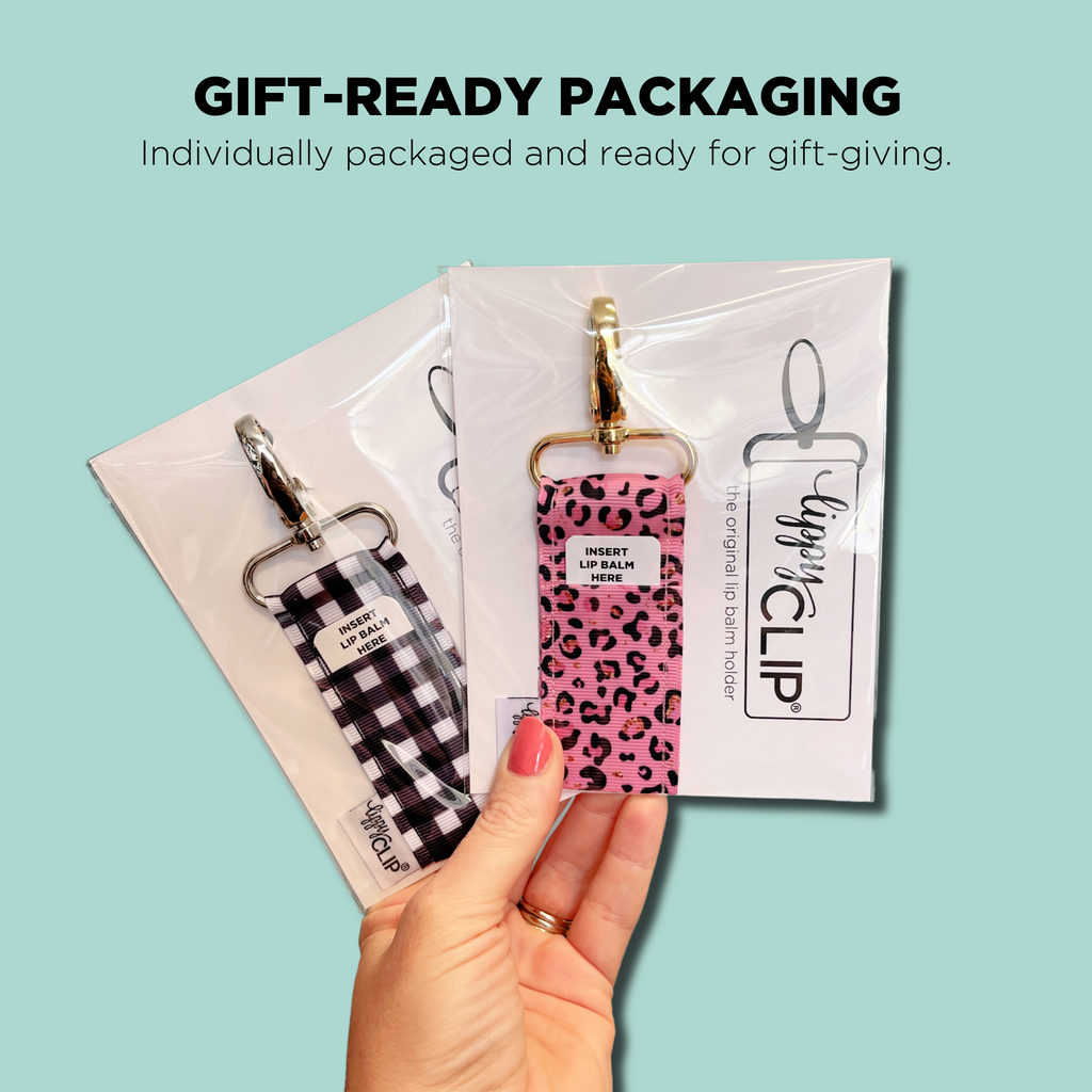 LippyClip lip balm holders in clear gift bags, checked and leopard designs