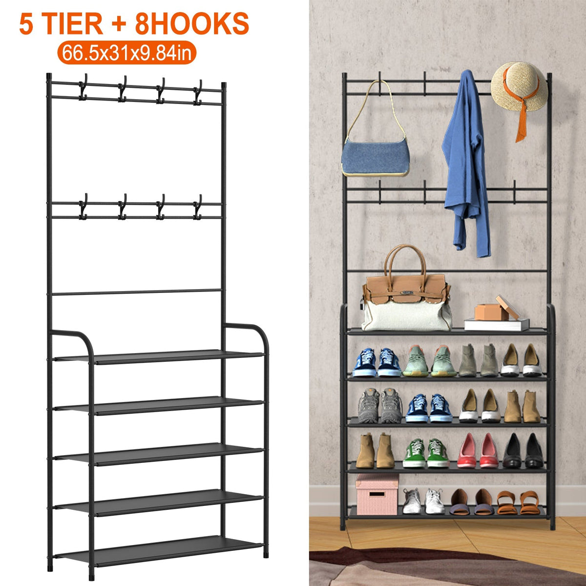 Five-tier black metal shoe rack and hall tree with eight hooks, shown empty and in use