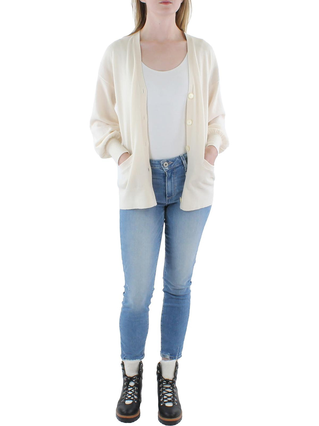 Women’s cashmere V-neck button cardigan, off-white, ribbed cuffs and hem, size S