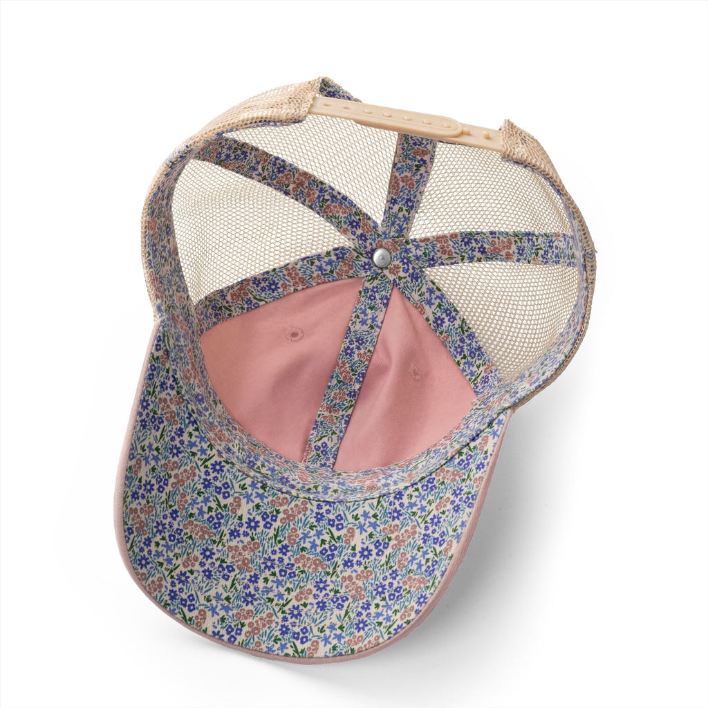 Floral patterned ponytail cap with mesh back and adjustable strap