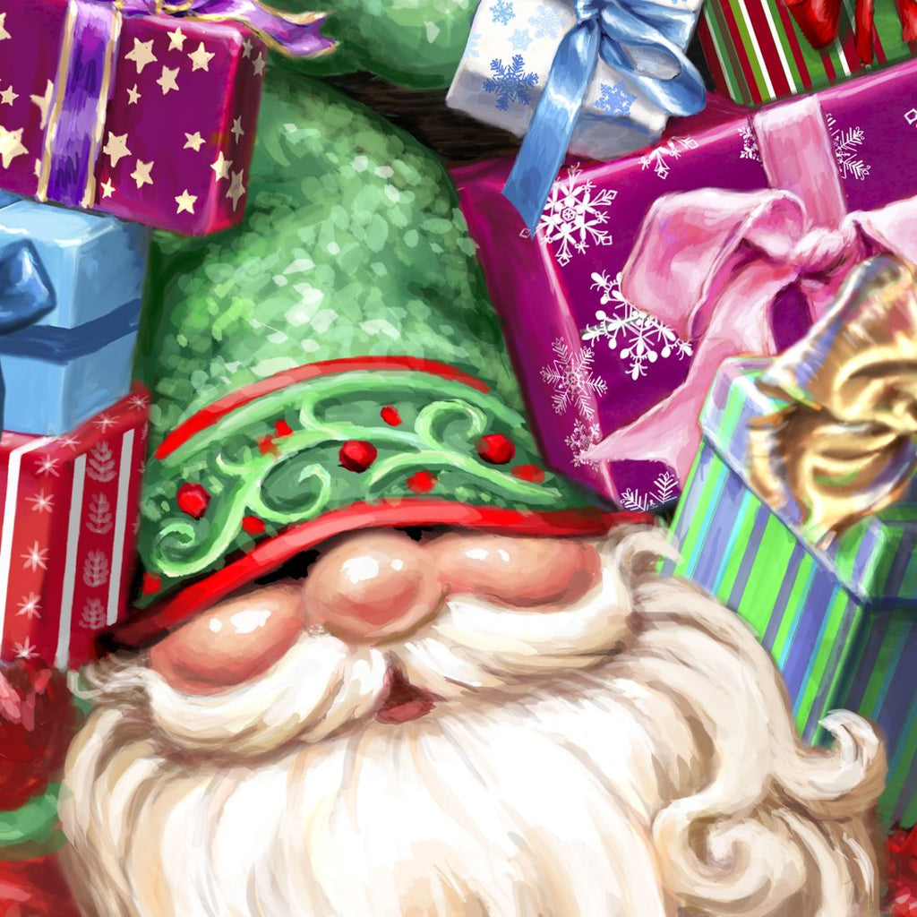 Close-up of holiday gnome face with white beard and stacked wrapped gifts