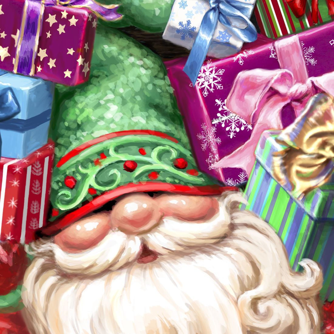 Close-up of holiday gnome face with white beard and stacked wrapped gifts