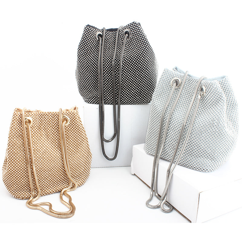 Rhinestone crossbody clutch bag assortment: dark, gold, and silver-tone